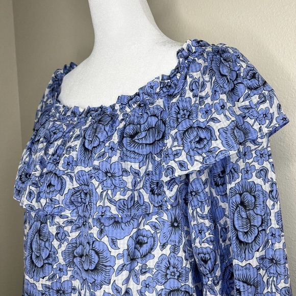 Ann Taylor Petite White & Blue Floral Off the Shoulder 3/4 Sleeve Flowy Top LP - Picture 3 of 11